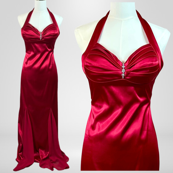 VTG Blondie Nites Womens Y2K Babydoll Maxi Dress Size S 3 Red Satin Halter 90s - Picture 1 of 10